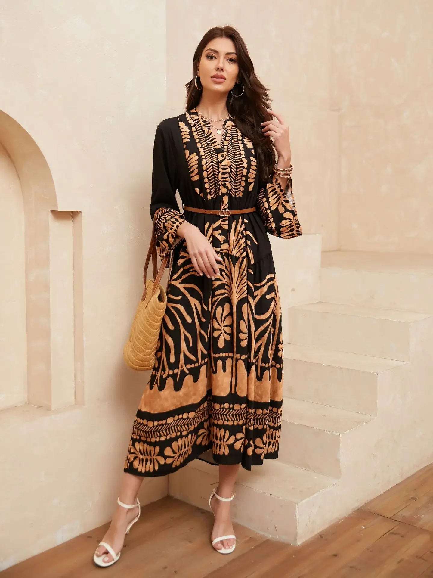 

Женское платье для Ид, абайя на Рамадан, с принтом, из хлопка и льна, для вечеринок, длинное, мусульманское, 2026, джалабия, марокканский кафтан, исламское арабское длинное платье