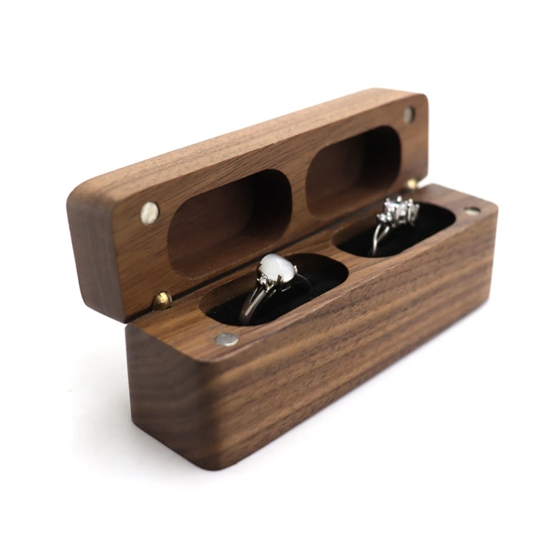 Q0KE Ring Box for Wedding Ceremony Wooden Double Ring Bearer Holder for Wedding Engagement Jewelry Boxes Walnut Holder