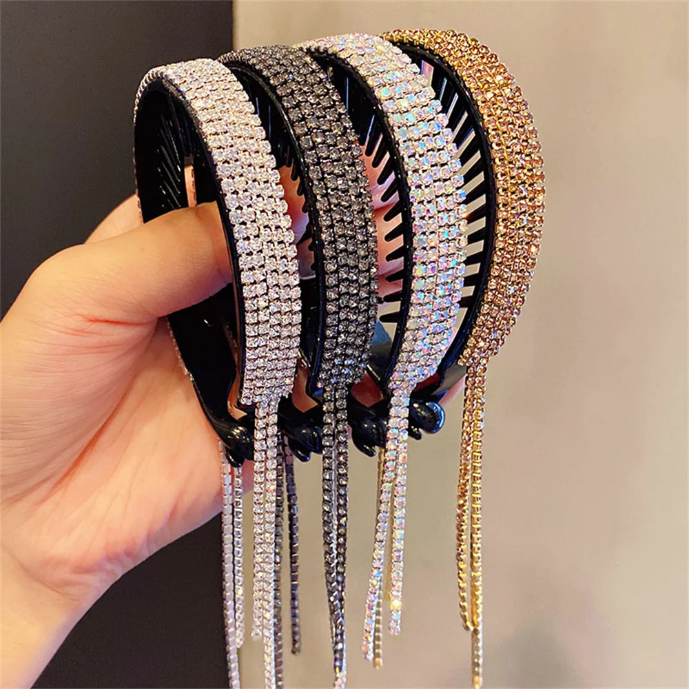 Pinzas para el pelo con diamantes de imitación para mujer, borla de cristal, horquilla de cola de caballo, accesorios elegantes para el cabello para