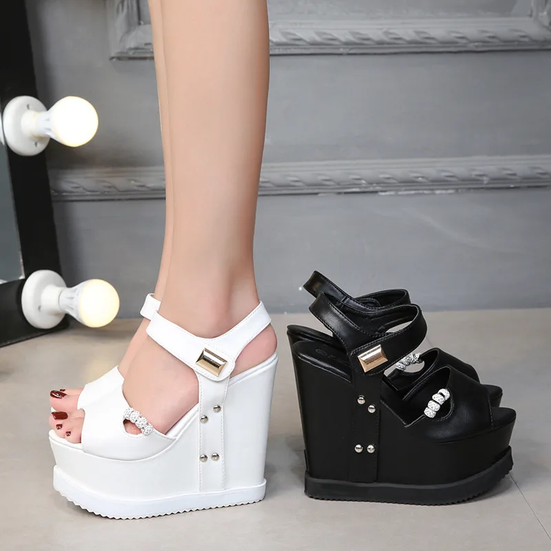 Summer Fashion Fish-mouth Shoes Waterproof Platform Women's Sandals Height-increasing Thick-soled Ladies Wedge Heel Sandals 15cm