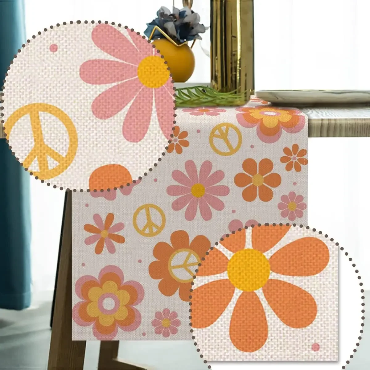 Groovy Linen Table Runner Dresser Scarves Reusable Daisy Retro Hippie Boho Rainbow Kichen Table Runners Party Decorations