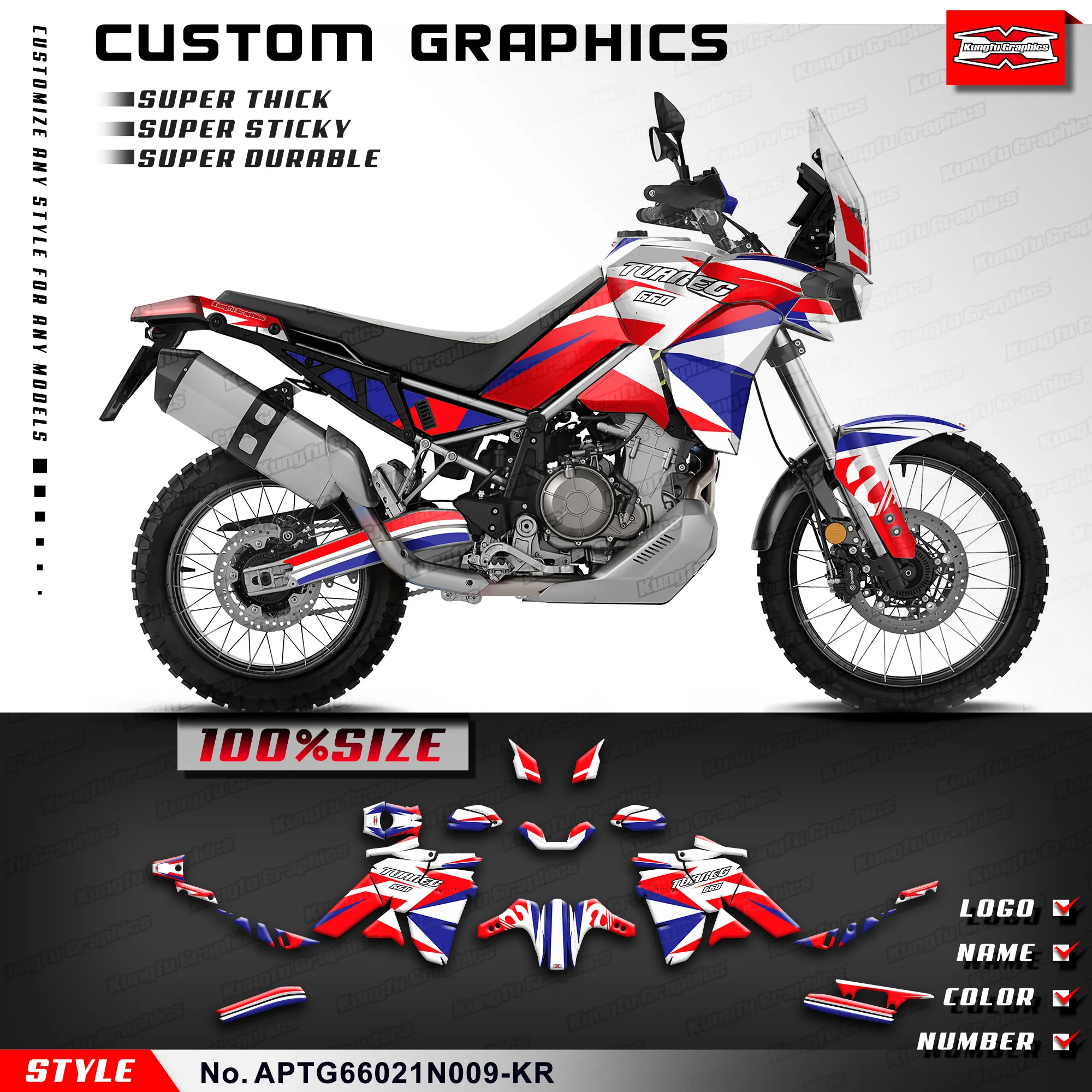 KUNGFU GRAPHICS Glossy Stickers Complete Kit for Aprilia Tuareg 660 2021 2022 2023, APTG66021N009-KR