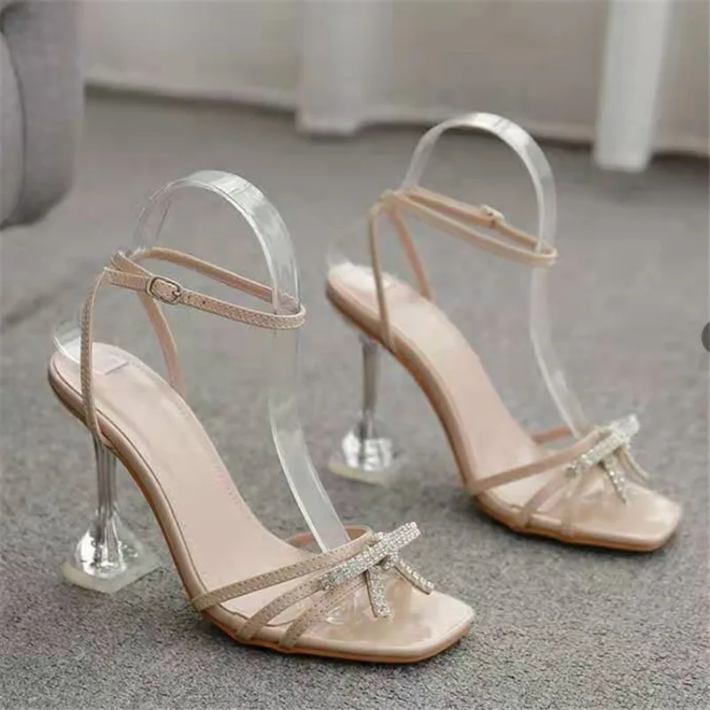 Sexy Peep Toe Rhinestone Butterfly-knot Women\'s Sandals Transparent High Heels Summer Ankle Buckle Strap Banquet Shoe