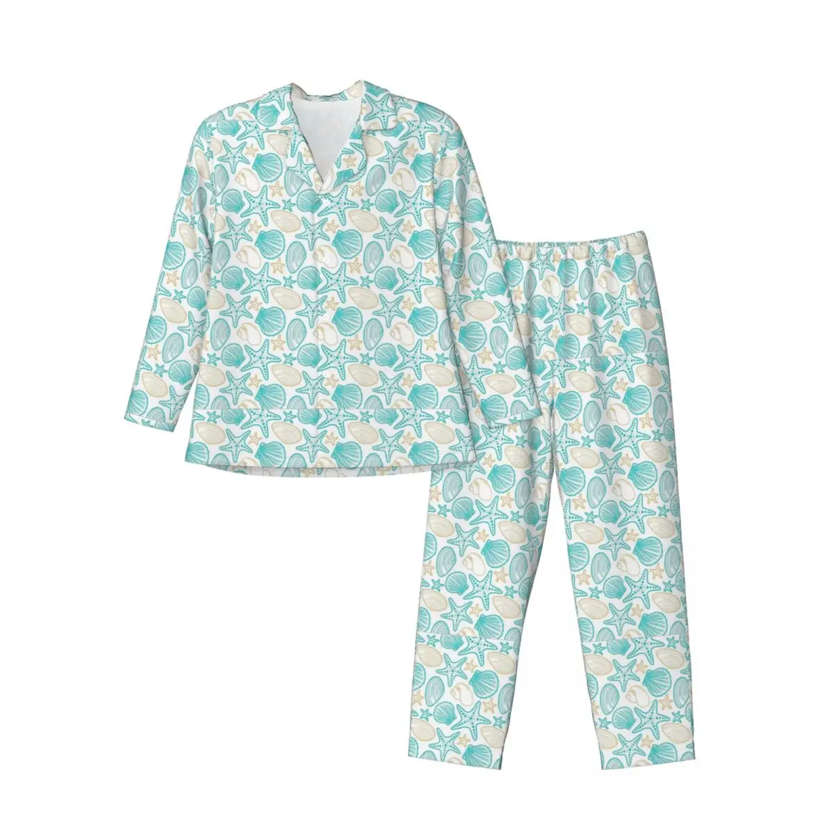 Pyjama's Man Beachy Zeeschelpen Kamer Nachtkleding 2-delig Casual losse pyjamasets Comfortabel oversized thuispak met lange mouwen