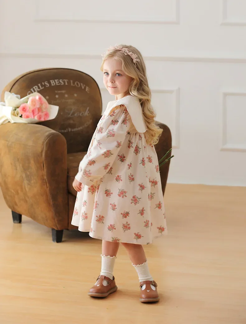 Autumn Square Collar Flower Embroidered Girls\' Dress Countryside Birthday Party Loose Print Long Sleeved Dress for Children