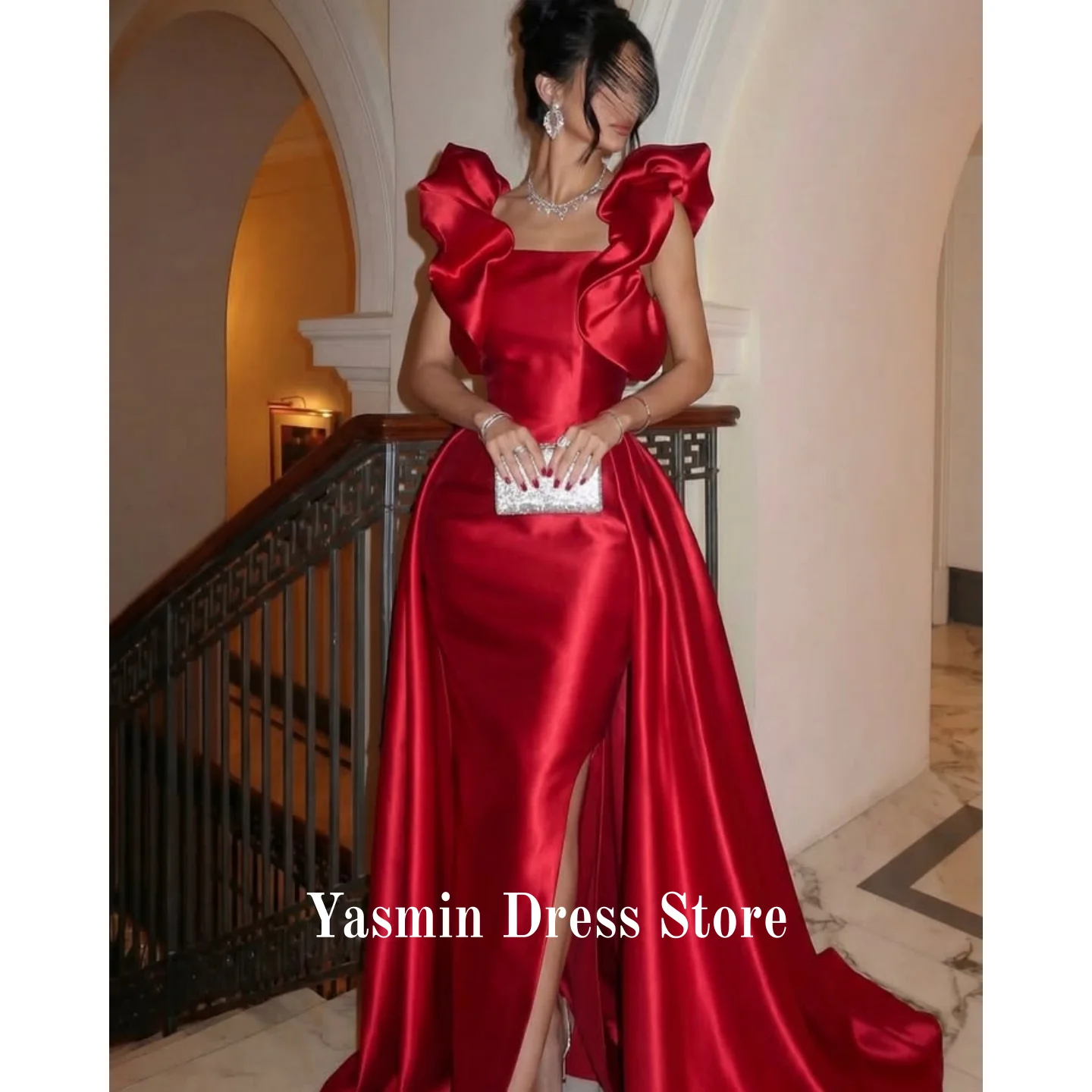 

Burgundy Luxury Dubai Evening Dress Wear Prom Dress Ruffle High Slit Modest Maxi Dress Formal Wedding Party Dress Customized