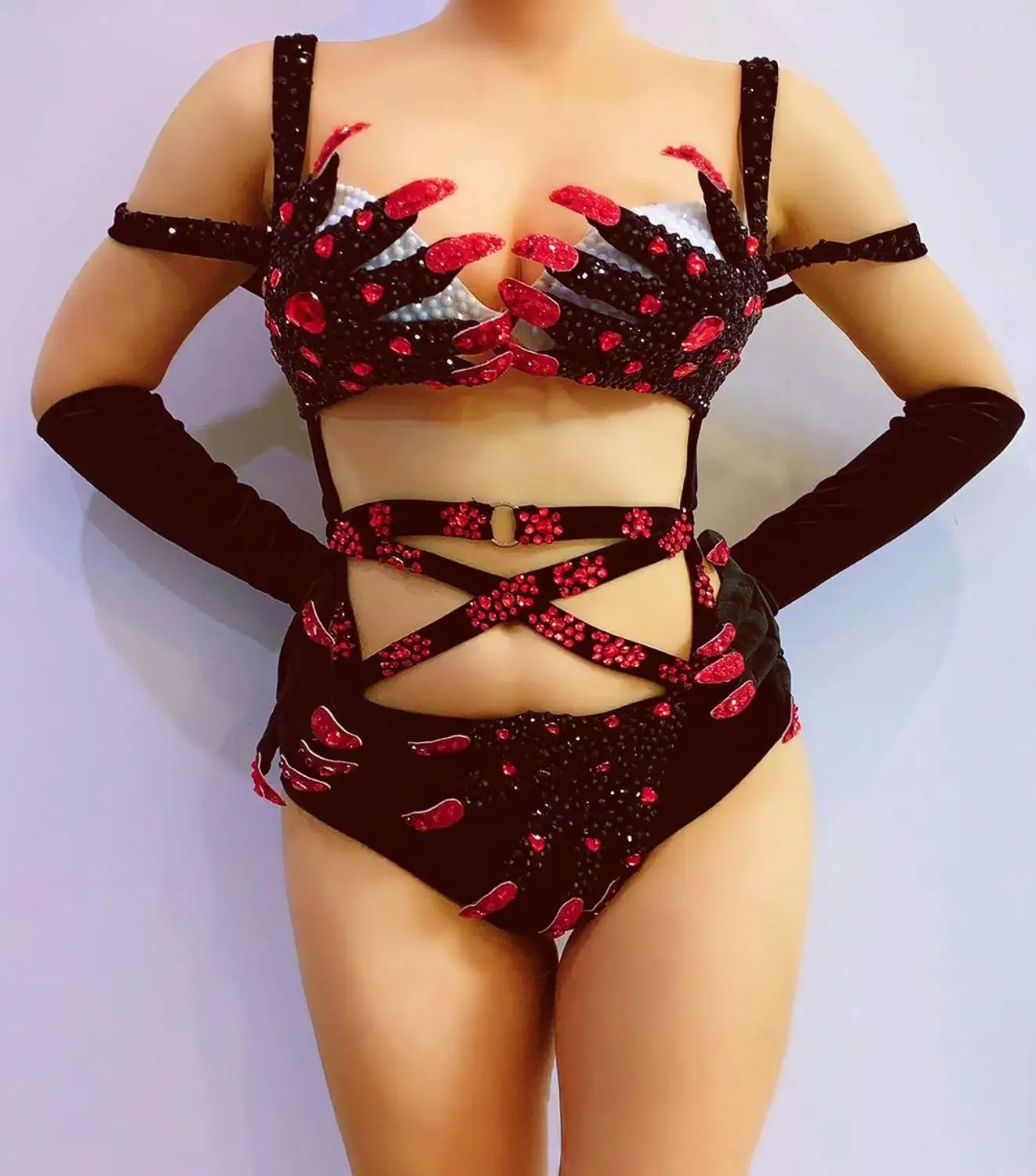 Black Hand Velvet Rhinestone Bikini Bodysuit With Gloves Sexy Nightclub Stage Wear Bar Singer Pole Dance Costume Carnival Outfit