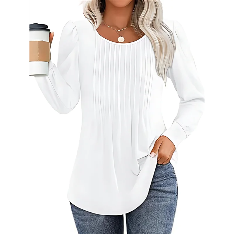 

NEW-Women's Puff Long Sleeve Pleated Crew Neck Blouses Dressy Casual Loose Fit Winter And Spring Shirts