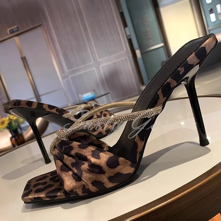 

2025 New Silk Leopard Print Rhinestone Sandals for Women Square Toe Crystal Strap Stiletto Heel Slip On Summer New Sexy Slippers