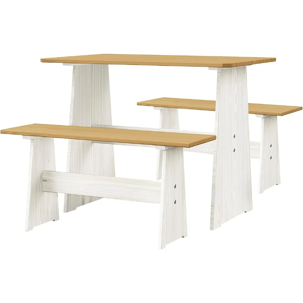 

Chapman 3 Piece Casual Dining 2-Tone Natural/White Solid Pine Wood Kitchen Table Set with 2 Benches, Kitchen Dining