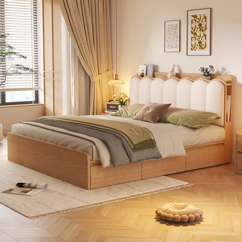 h*-Log Wood Color Bed Minimalist Modern Pneumatic High Box Storage Bed with Light and USB Interface Furniture Bed 2 People^