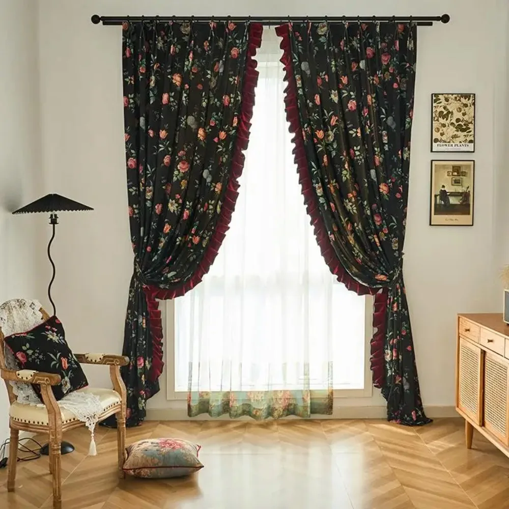 Luxury Floral Velvet Blackout Curtains for Living Room Bedroom French European Opulent Vintage Drapes Custom Tulle Valance
