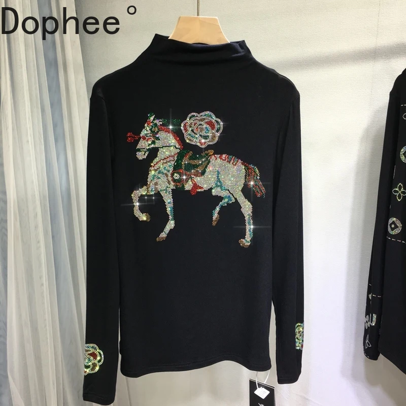 

Женская футболка большого размера с длинным рукавом, высокое качество, осенне-зимний пуловер с полувысоким воротником, топ с блестящими бриллиантами, черные эластичные футболки