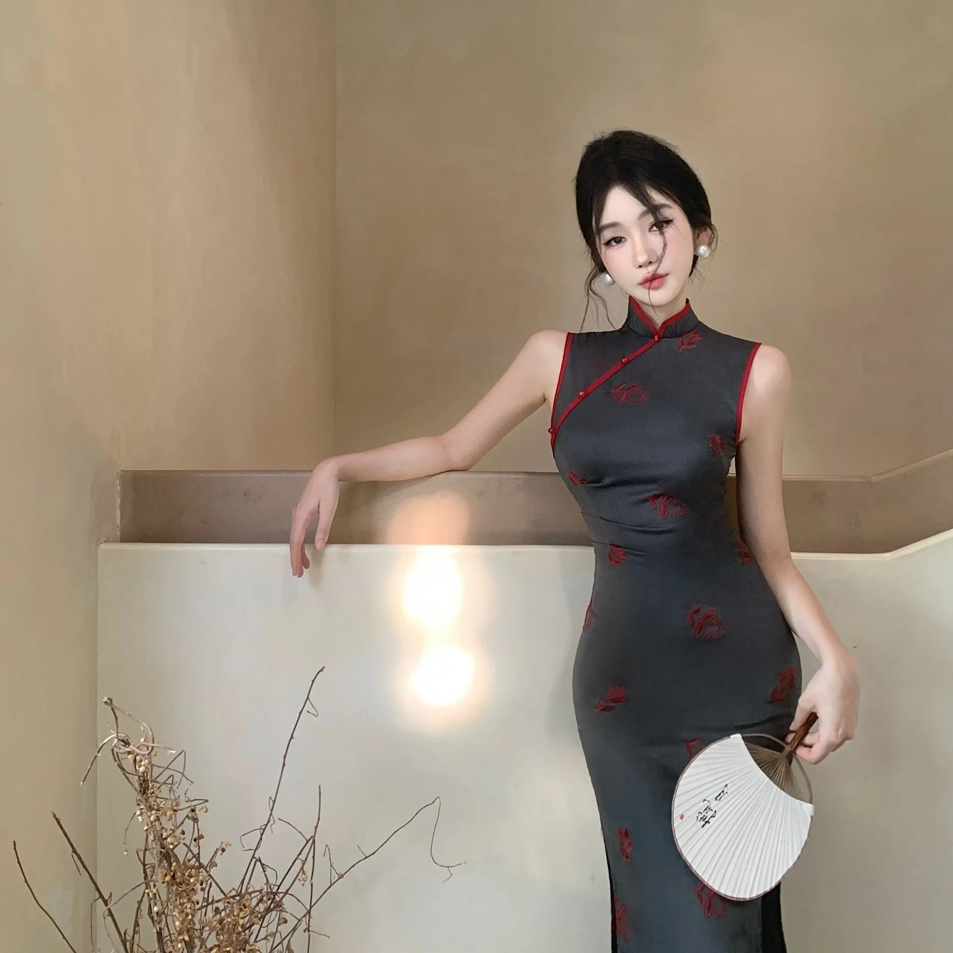 

Длинное Ципао с высоким разрезом в стиле ретро, женское платье с цветочной вышивкой и утягивающей талией, с завязками и разрезом, макси Dr