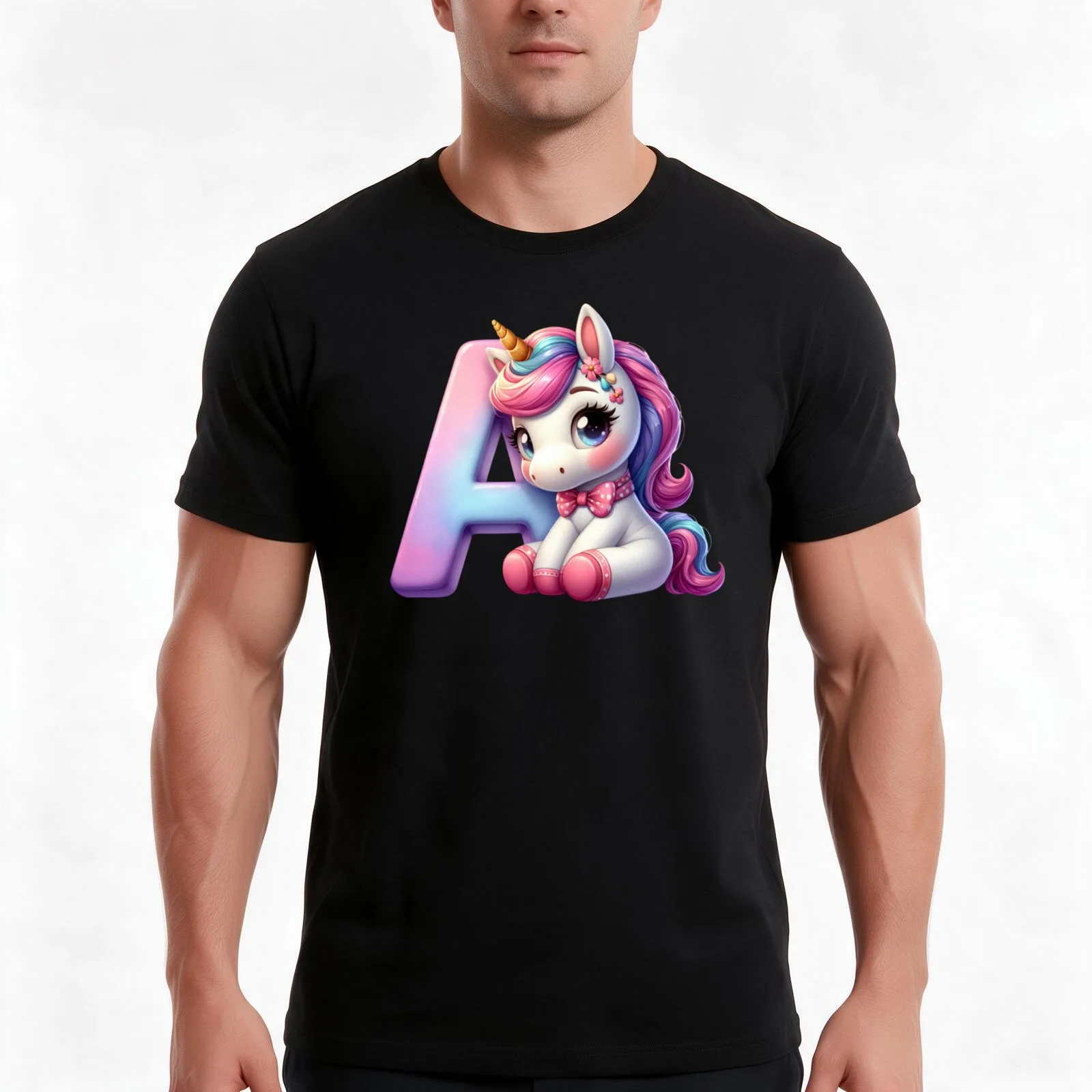 Unicorn kawaii alphabet monogram letter A T-Shirt Summer Casual Cotton Tee Oversized Streetwear Tops Vintage Graphic Print