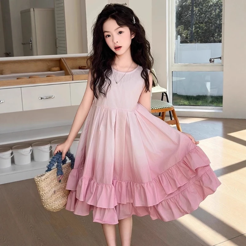 

Платье омбре для девочек 2026, летнее безрукавное платье принцессы для старших детей, шикарное с градиентом цвета, новинка