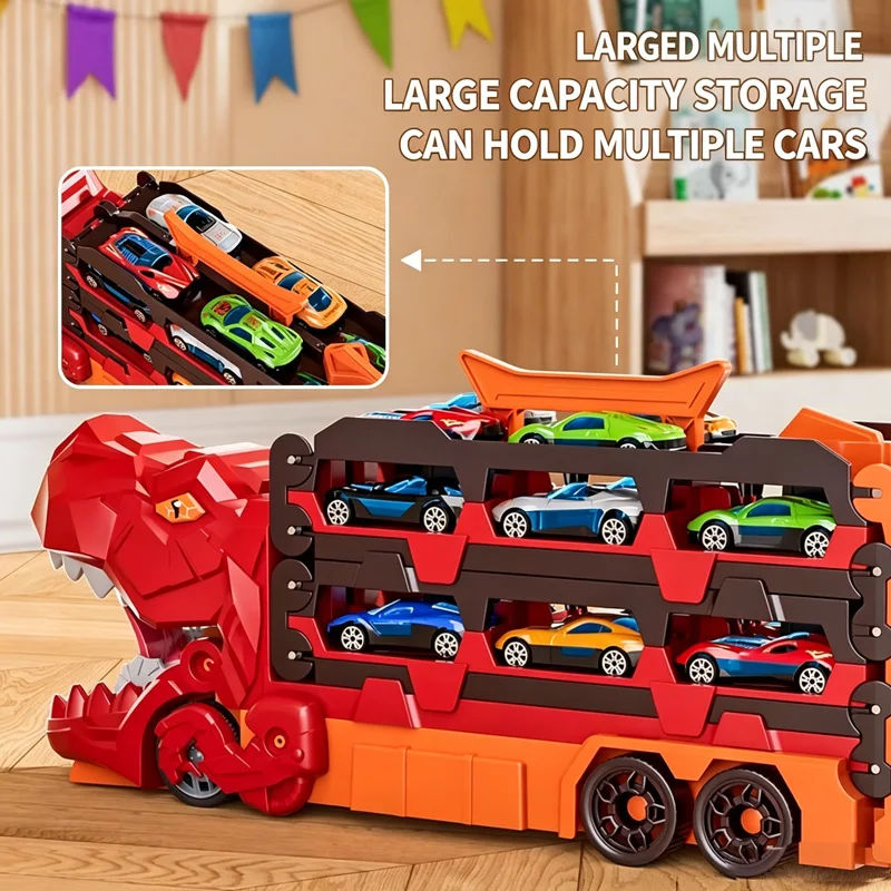 Large Foldable Dinosaur Track Car Toy Set Deformed Dinosaur Transport Truck Toy Model with 6 Alloy Cars Children's Birthday Gift