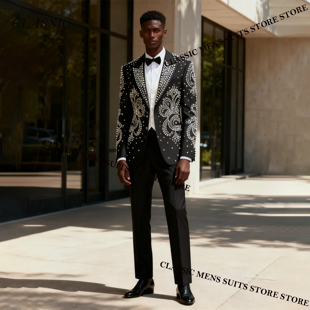 

Customized Luxury Metal Embellished Men Suits 2 Pieces Sets Party Prom Blazer Costume Homme Weddinmg Slim Fit Groom Tuxedos