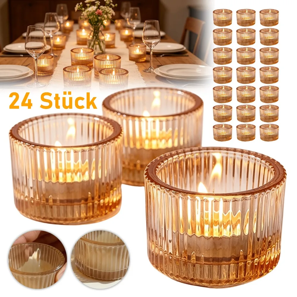 Lot de 24 bougeoirs en verre doré pour bougies chauffe-plat, coupelles votives pour centre de table de mariage, décoration de lanterne pour dîner romantique et fête – Idéal pour la mise en scène d'événements en gros, l'ambiance hôtelière et l'éclairage festif de la maison