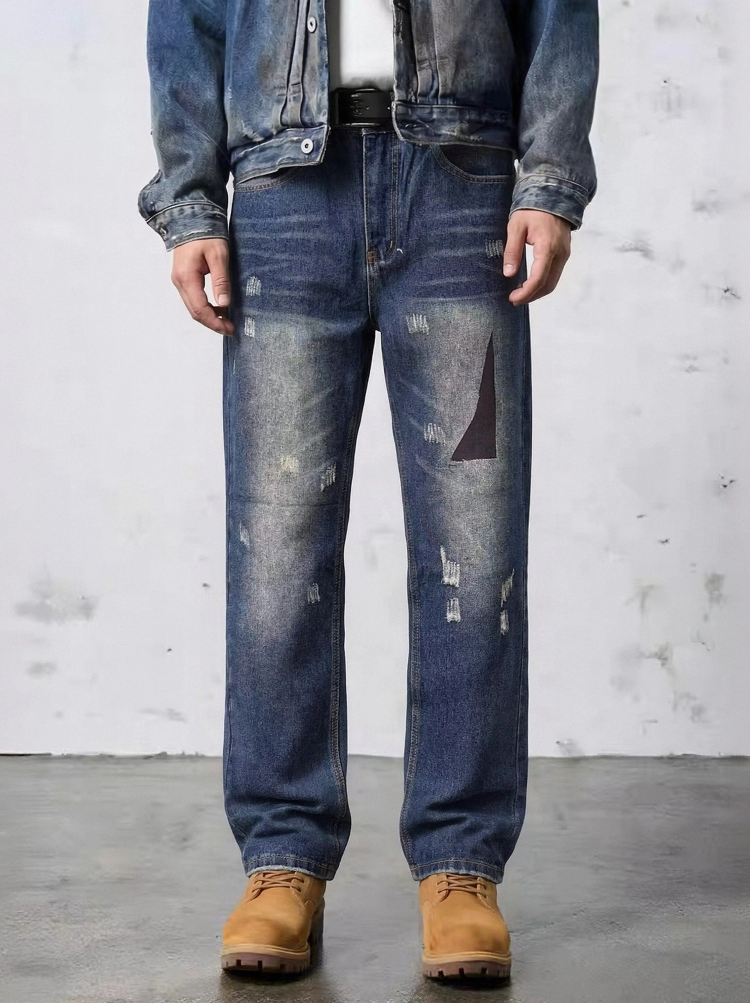 【HME】Men's Jeans | Distressed Patchwork Denim Pants For Men, Vintage Faded Washed Denim Jeans With Rip‑Stitch Details, Loose Straight‑Leg Male Denim Trousers, Elastic Waistband Denim Bottoms, Durable Denim Wear For Street Daily Outing