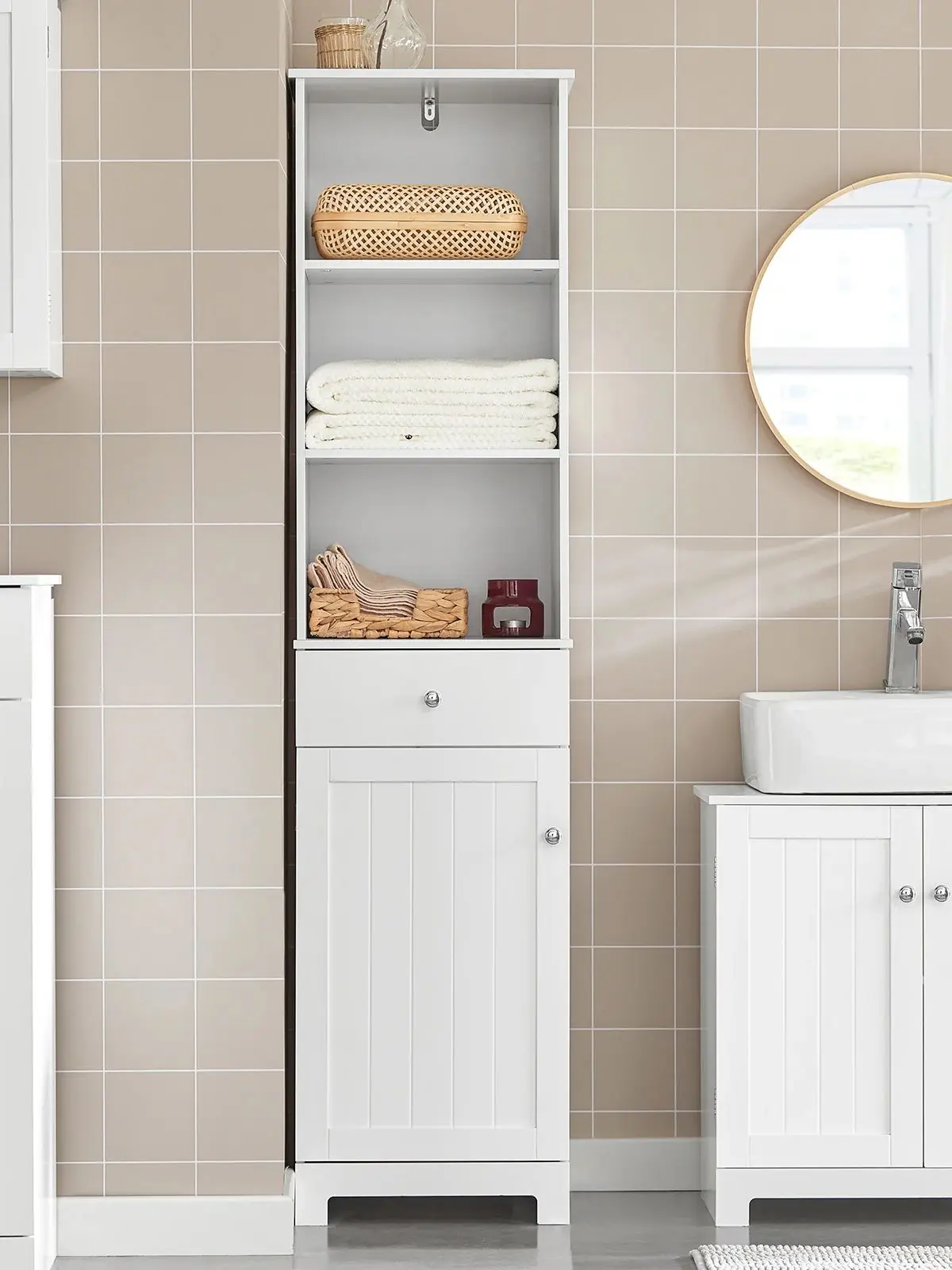 SoBuy BZR17 Badezimmer Hochschrank Badregal Badezimmerschrank mit 3 offenen Fächern, 1 Schublade und 1 Tür