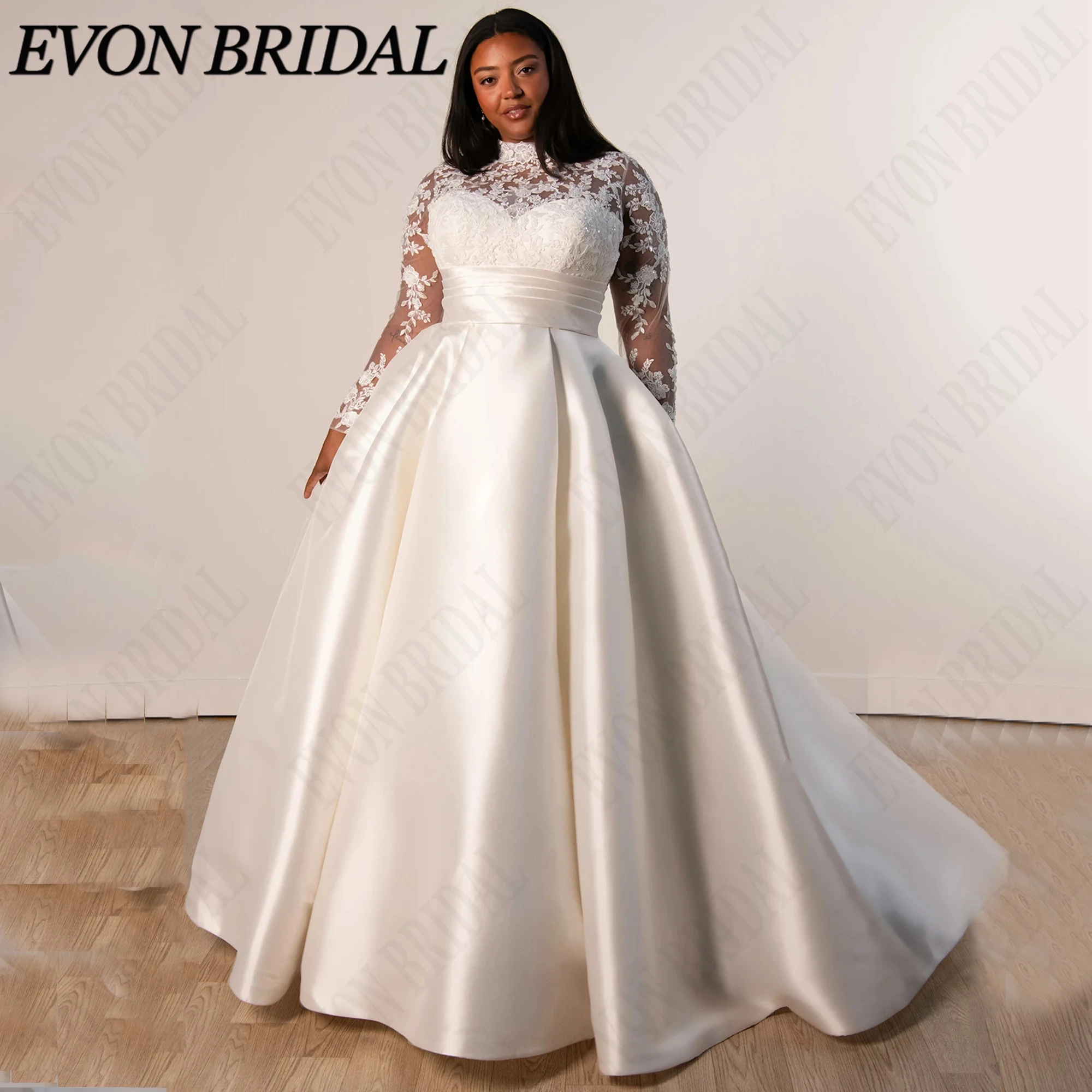 EVON BRIDAL Customized High Neck Long Sleeve Wedding Dress Plus Size Sequined Lace Appliques Bride Dresses Satin Bridal Gown