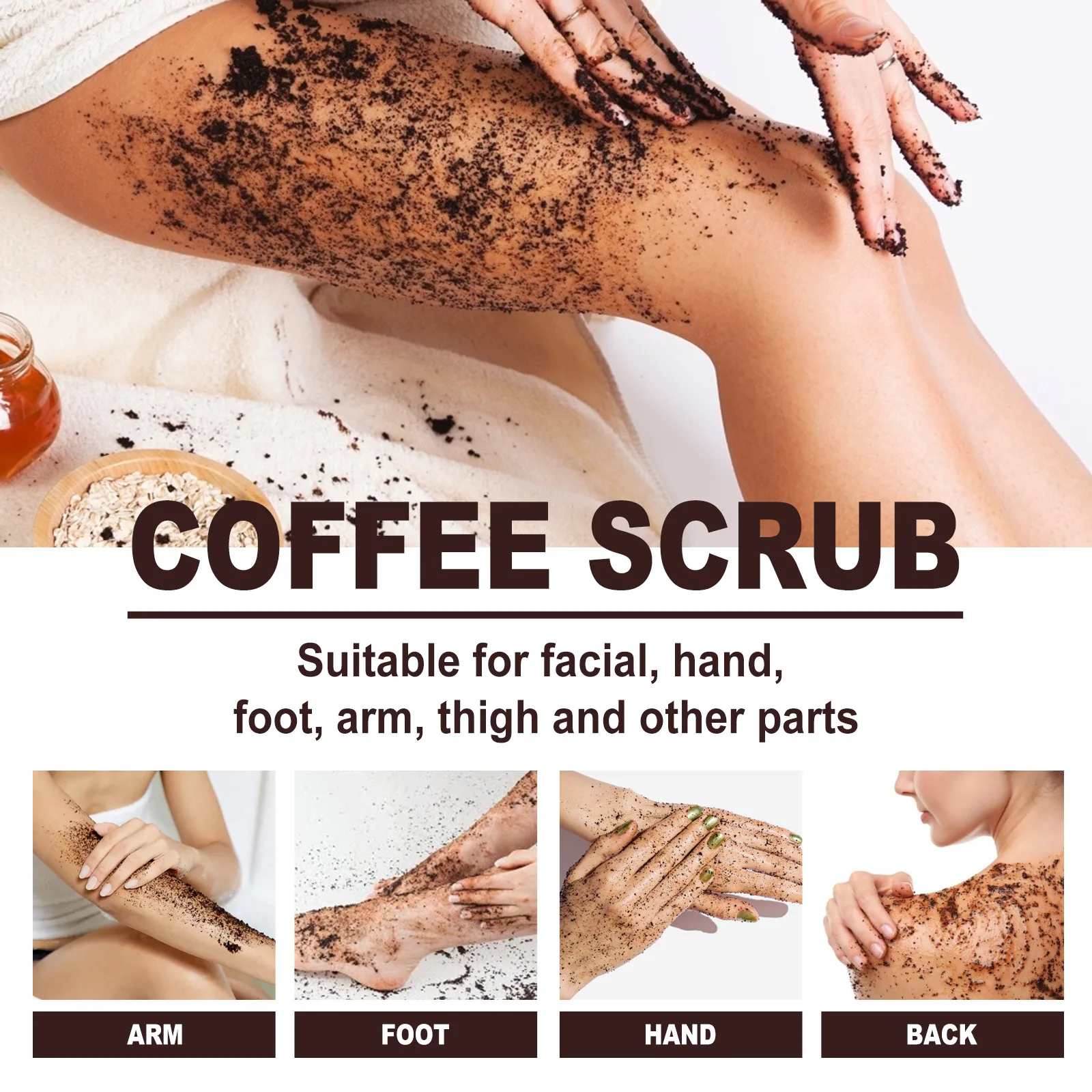 Esfoliante Coffee Body Scrub para Pernas Rosto, Tratamento de Acne, Anti Rugas, Limpeza de Pigmentação, Poros, Clareamento, Hidratante, Suave