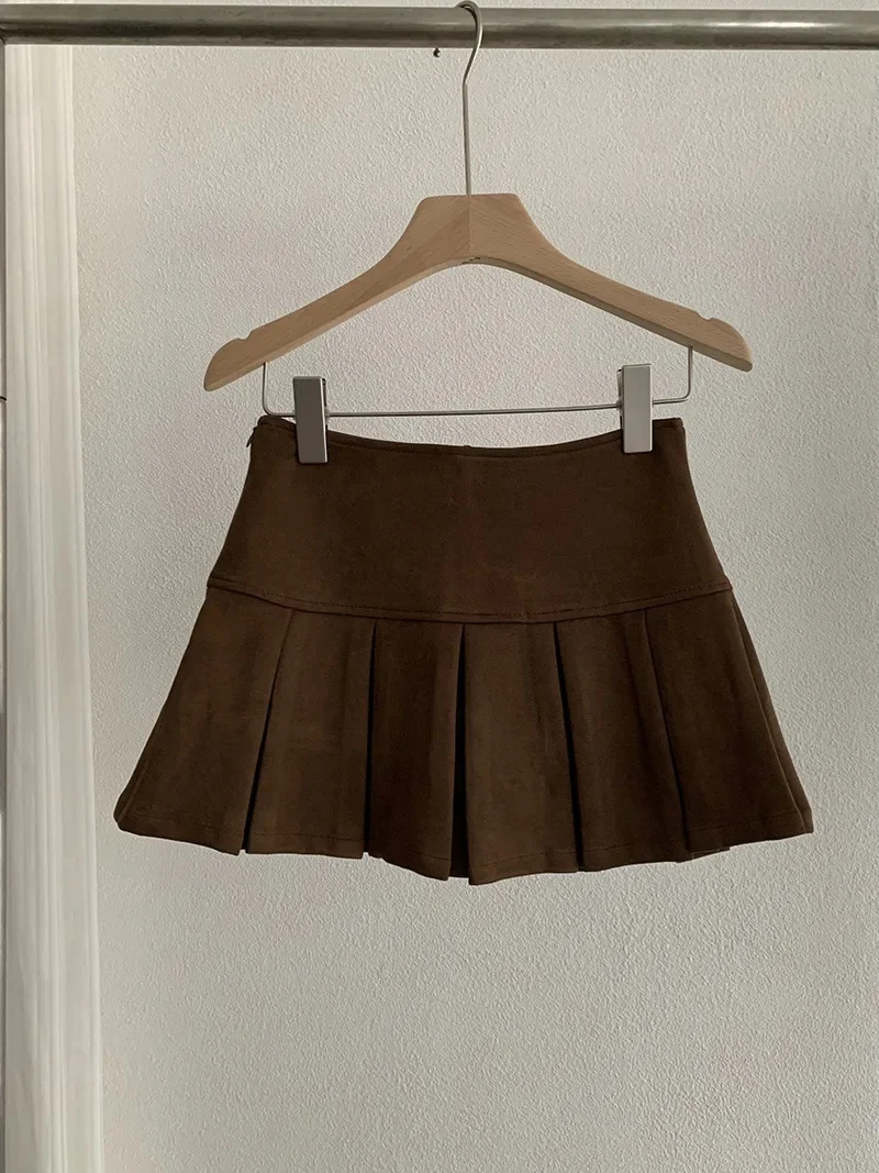 

Pure Color Suede Mini Skirt Women's Autumn New Korean Style Slimming Anti-Light Pleated Short Skirt A- Line