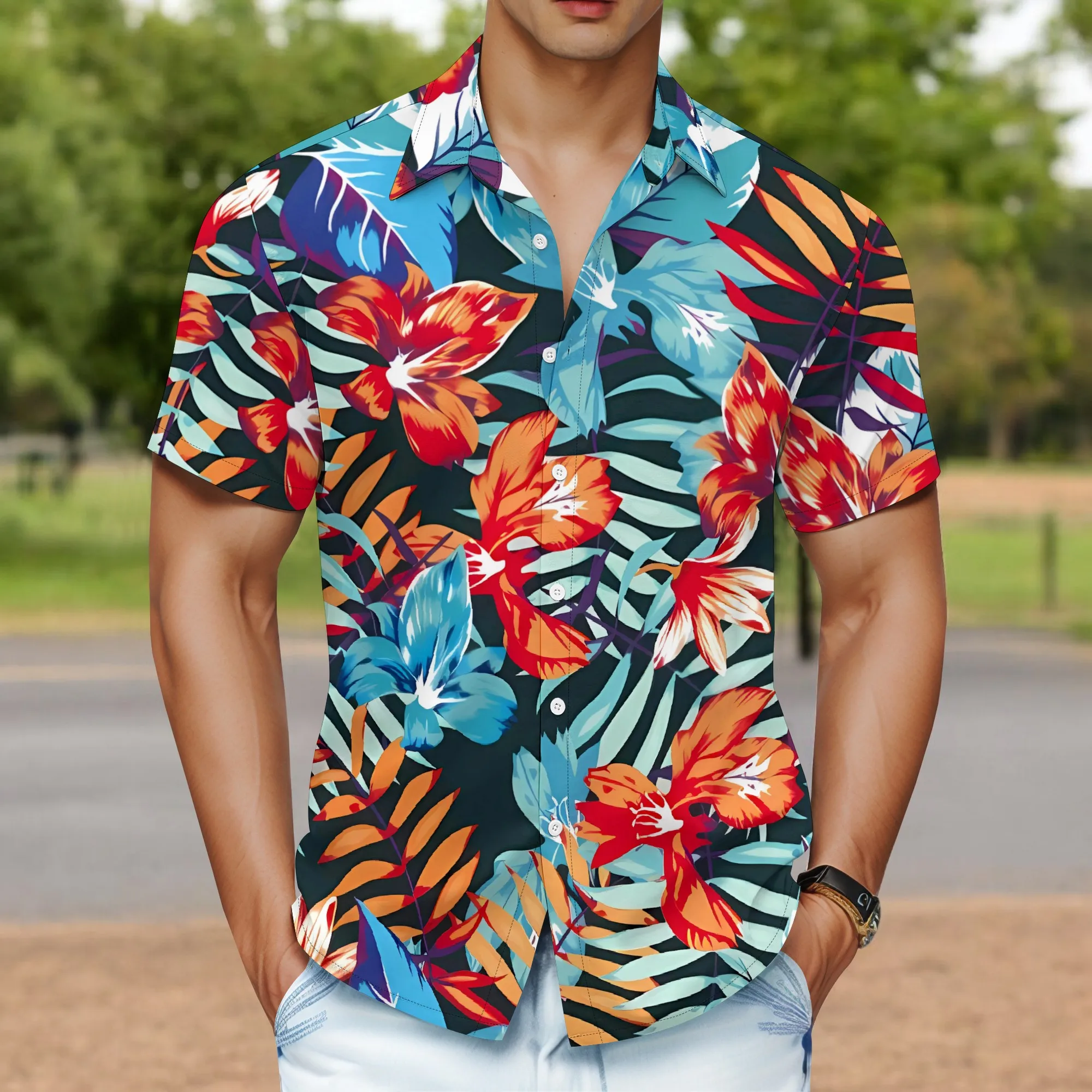 YEAE Tropical Floral Print Shirt for Men Summer Casual Short Sleeve Top