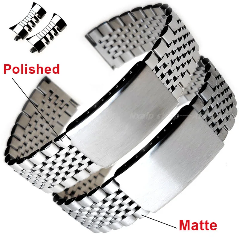 Curved End Stainless Steel Watch Band 18mm 20mm 22mm Solid Metal Strap for Seiko for Rolex Bracelet Folding Buckle Accessories