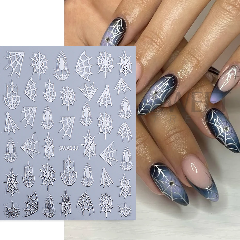 5 Stück Halloween Spinnennetz Nail Art Aufkleber holographisch Schwarz Gold Silber Spinne selbstklebende Nagelaufkleber DIY Maniküre Dekoration