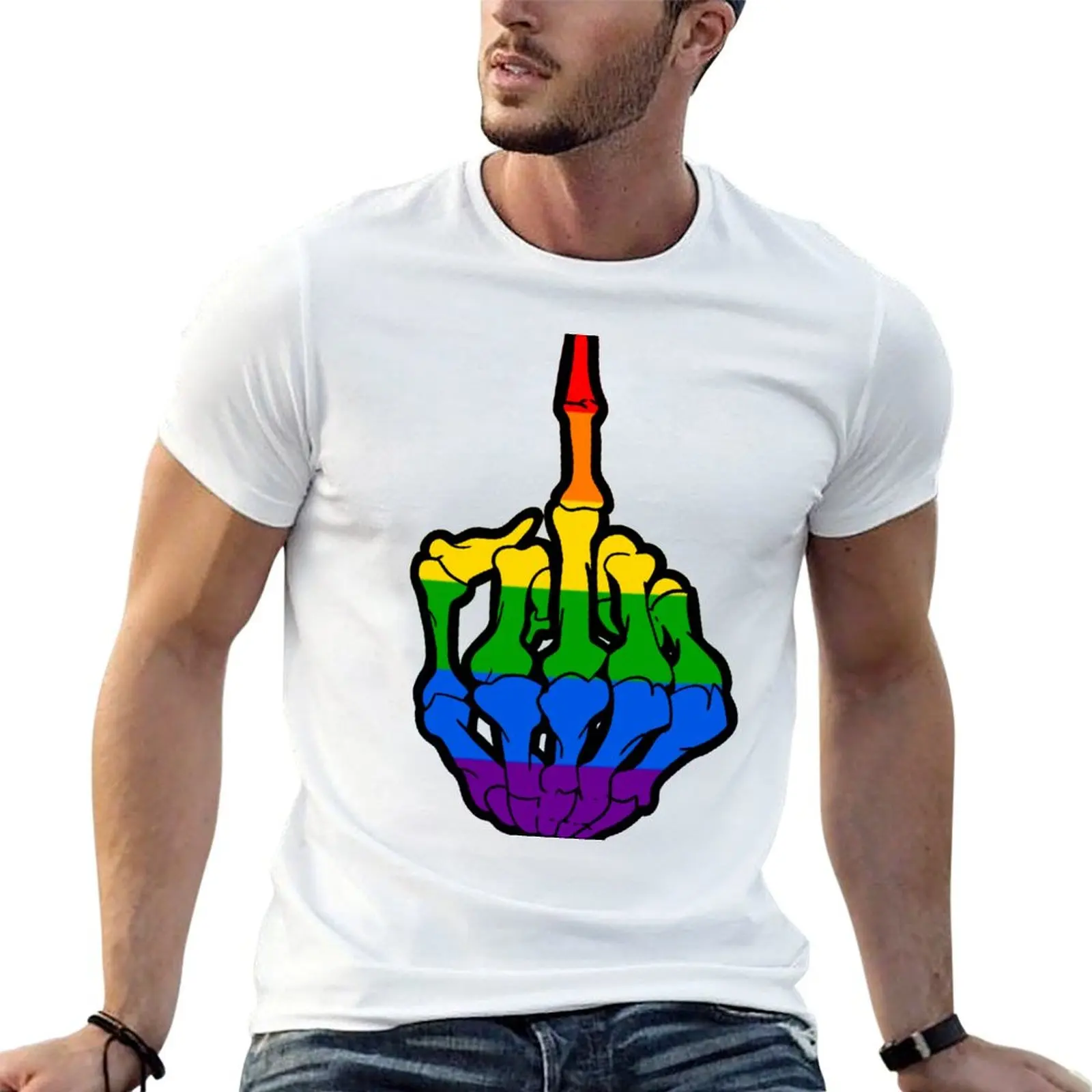 Gay Skeleton Middle Finger T-Shirt Plus Size Gym Sports T-Shirt