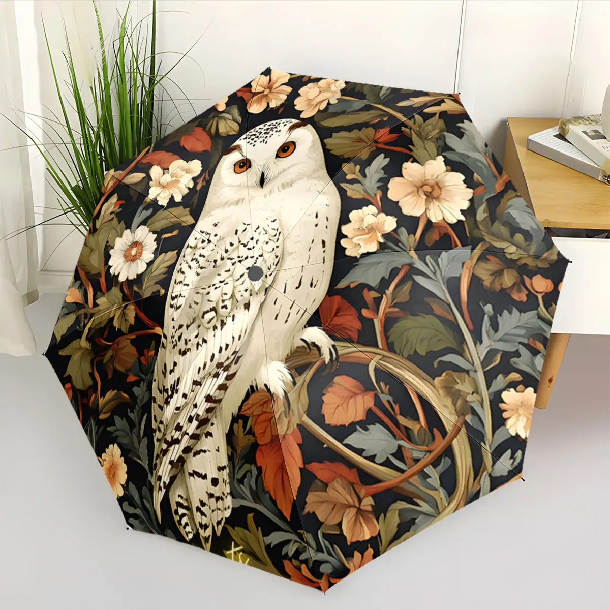 1PC Elegant Owl and Floral Umbrella Design Print 8 Iron Ribs Folding Umbrella Auto-Open Fashion Sunshade