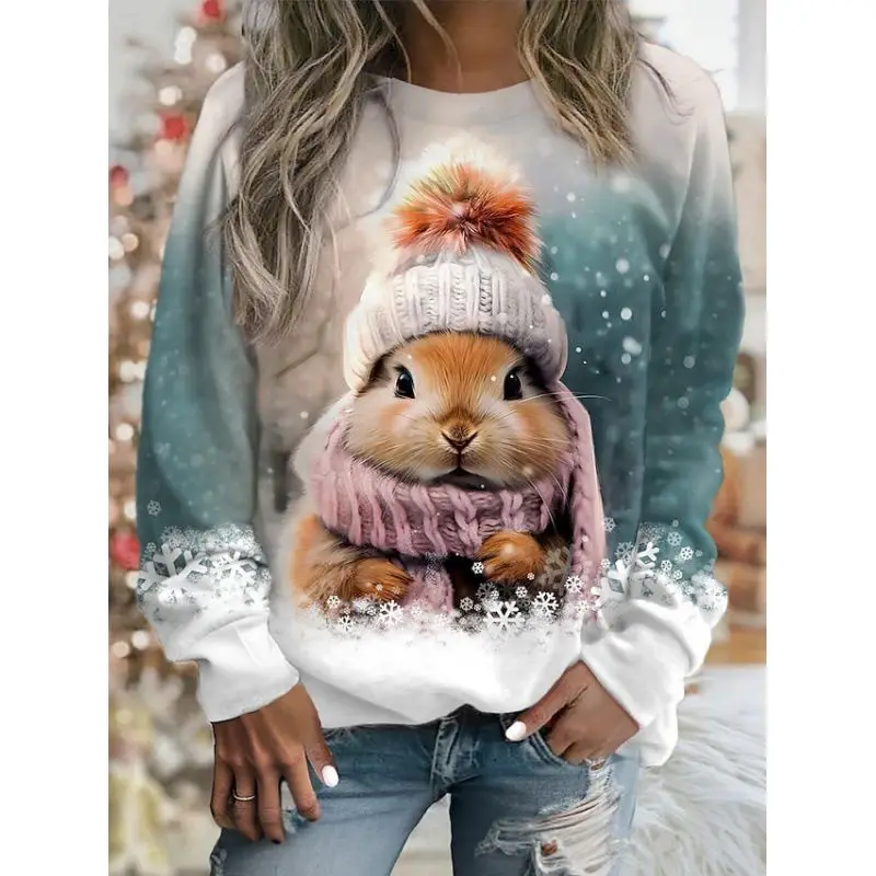 Women's Pull-up Lantern Long Sleeve Round Neck Cartoon Geometric Graphic Print Contrasting Color Christmas Casual Fashion Top