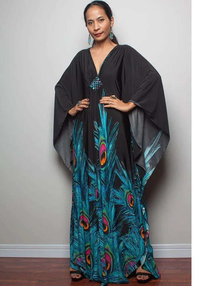 

New Cover Up Africa Fashion Boho Popular Print Twill Kaftan Maxi Dress Summer Beach Bohemian Batwing Sleeve Long Dress For Lady