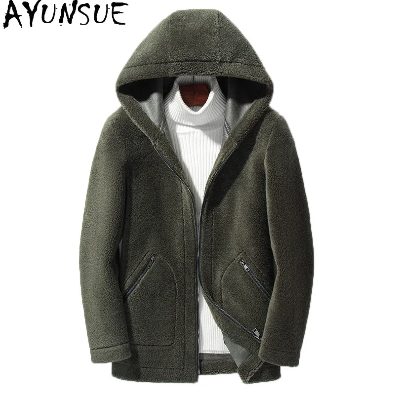 AYUNSUE High Quality 100%Wool Coats for Men Winter Mid-length Reversible Lamb Wool Jacket Hooded Sheep Shearing Coat Man Clothes