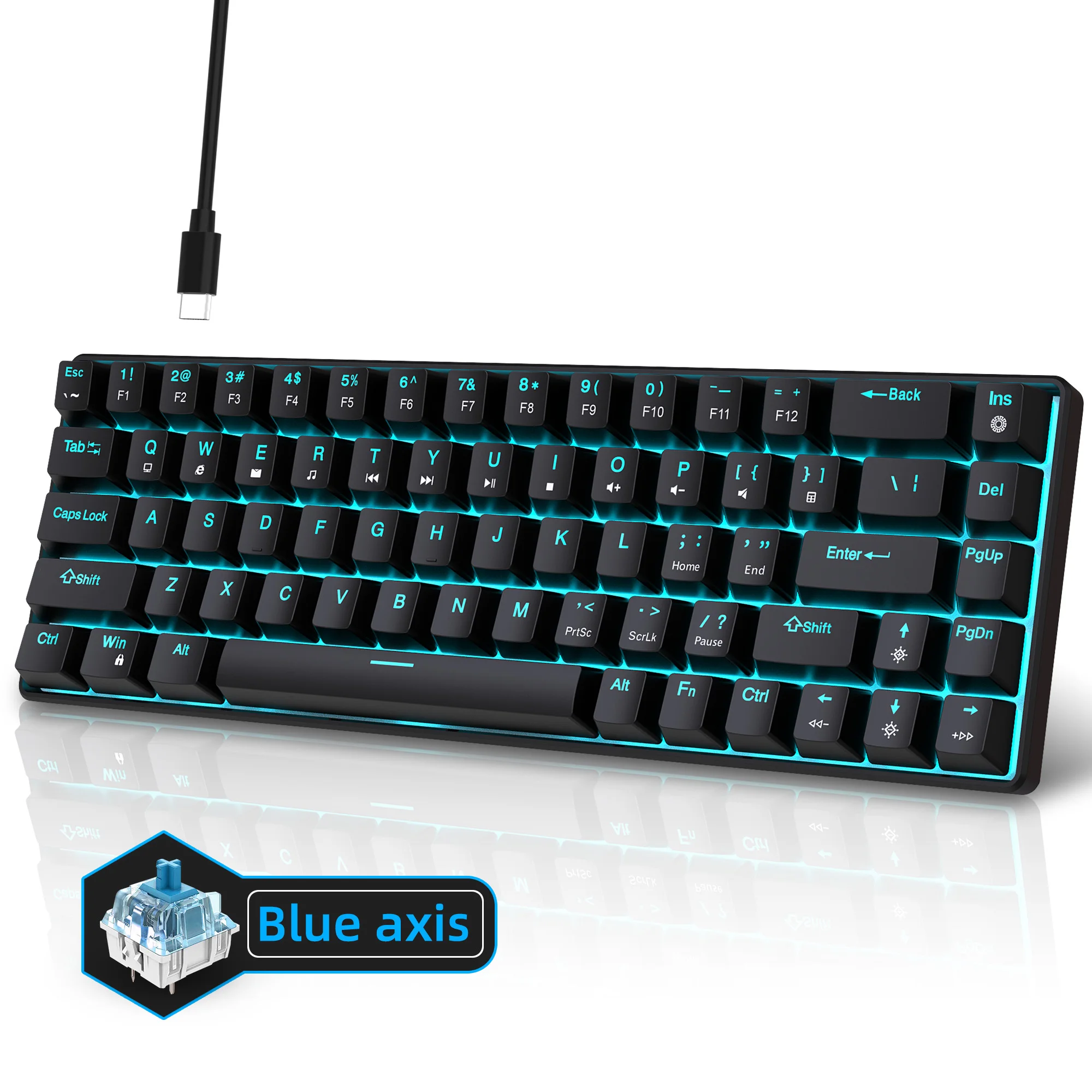 Backlit 68 Key Mechanical Keyboard Dual-Color Keycaps USB-C Detachable - Ideal for Gaming Office Home Easy Storage