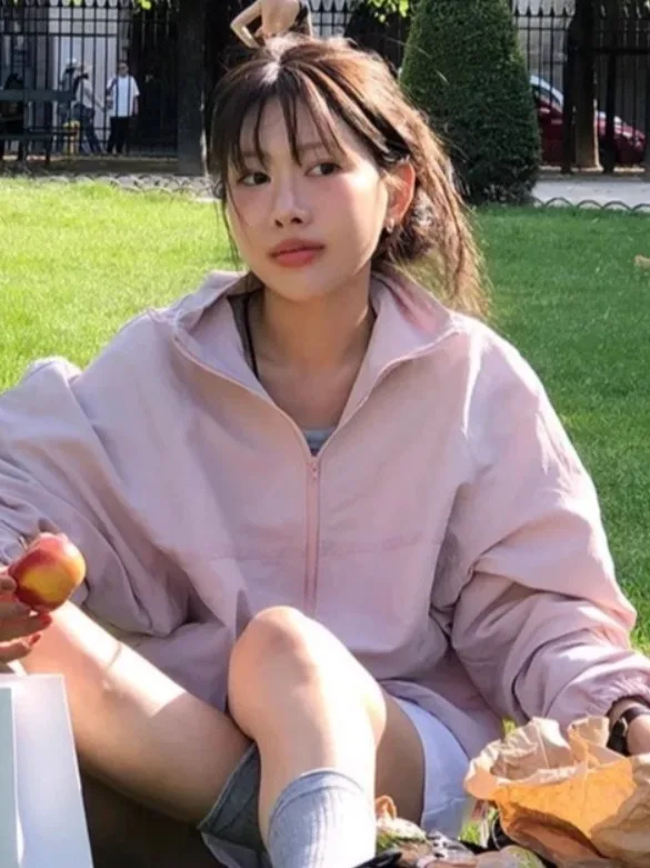 

Свободный повседневный корейский базовый длинный винт с воротником-стойкой, женский весенний новый универсальный топ для различных случаев