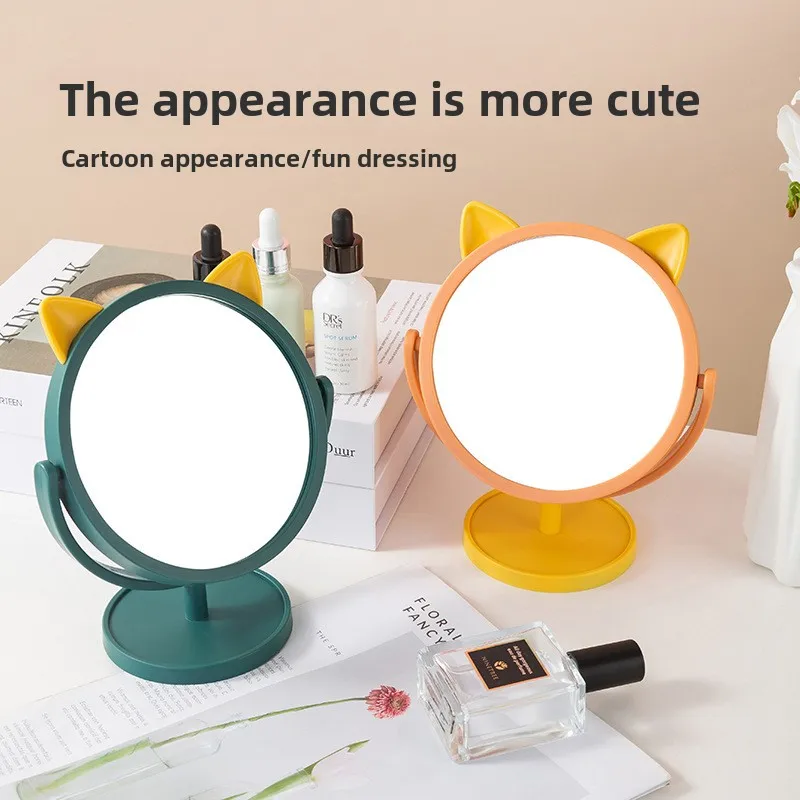 Cat ears Desktop Makeup Mirror Single Side Rotatable Dresser Mirror Standing Vanity Home Dormitory Desktop Cosmetic Mirrors