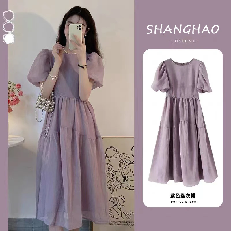 

Korean Style Summer Maternity Puff Sleeve Chiffon Dress High Waist O-Neck Pregnant Woman Lightweight Ball Gown Dress Blue Purple