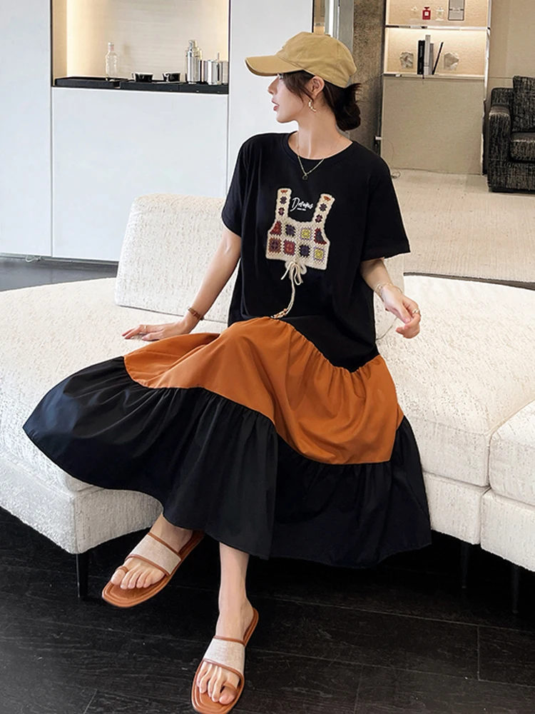 NYFS حجم كبير صيف 2025 فستان طويل فضفاض النمط الكوري عطلة رداء Elbise فستان امرأة قصيرة الأكمام