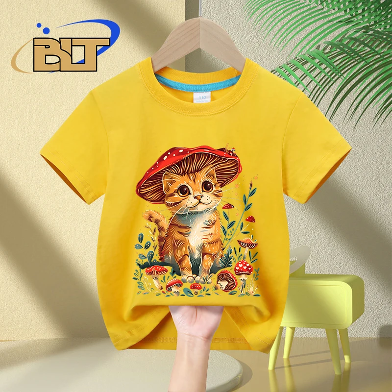 T-shirt à manches courtes en pur coton pour enfants, haut personnalisé, imprimé chat, chambre lente, cadeau pour filles, été