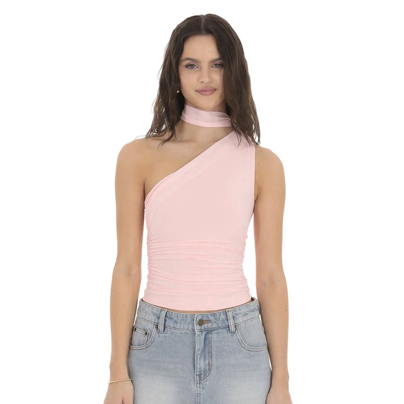 

CUTENOVA Summer New Solid Color Pleat Tank Top Women Sexy Slim Mesh Halter Neck Ribbon Off Shoulder Asymmetrical Crop Tank Top
