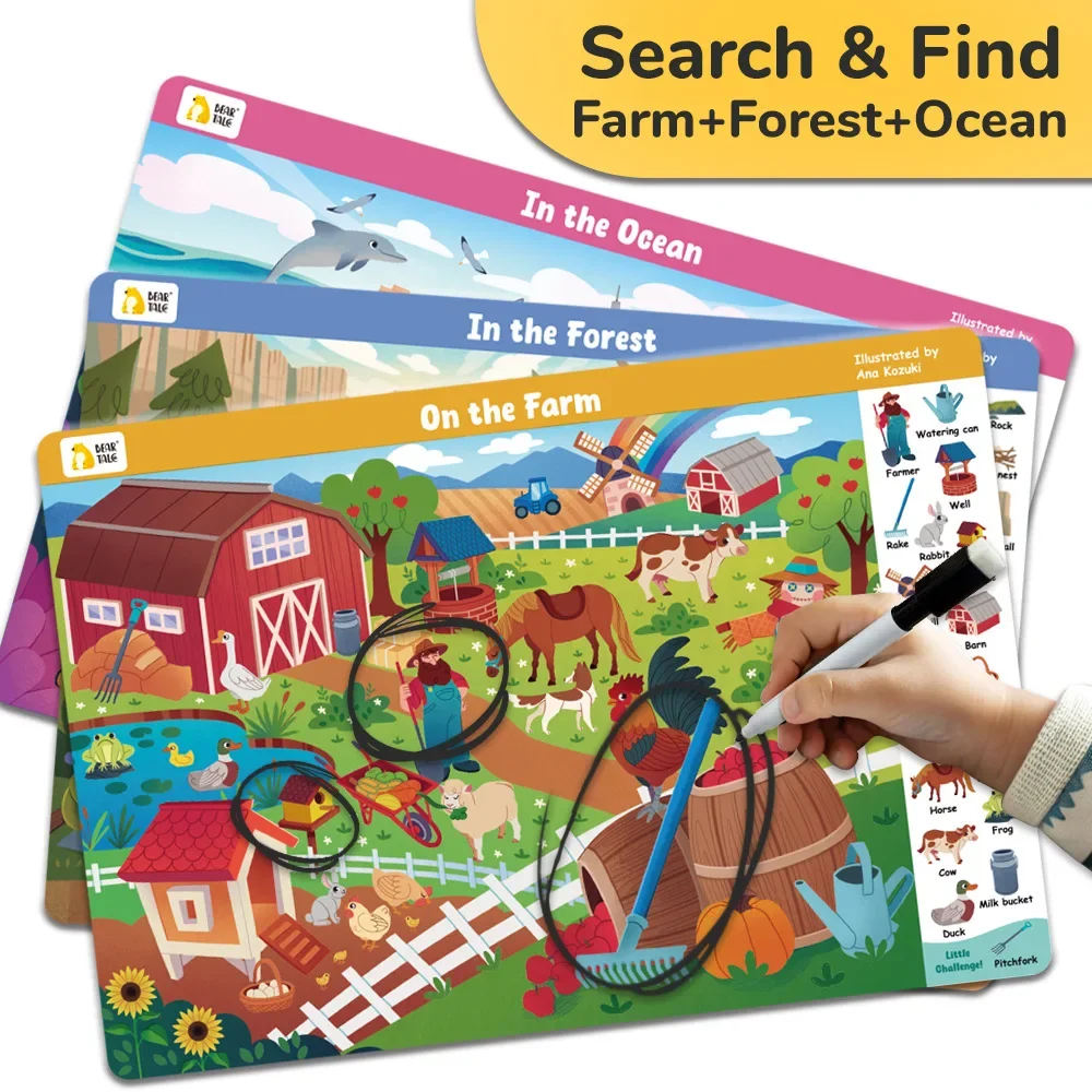 Search and Find Game Looking for Different 3 Themes Interactive Activity Painting Kit Drawing Books with Reusable Pen