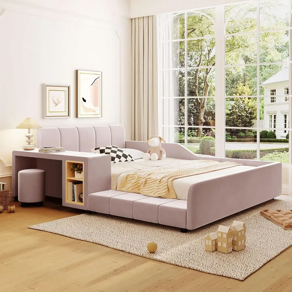 

Upholstered Velvet Mother and Child Bed with Desk and Stool, Suitable for Kids and Teens (Pink)