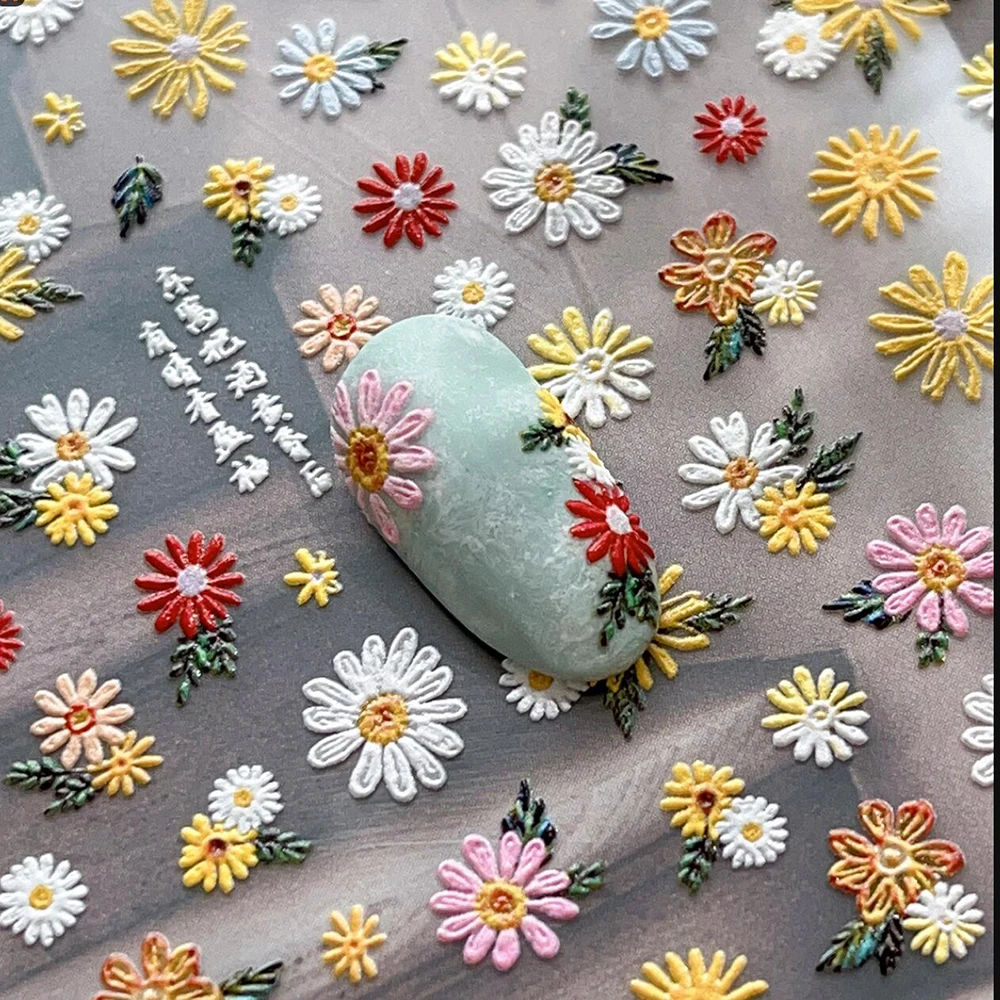 Adesivi per Unghie 5D con Margherite Bianche/Rosa in Rilievo, Decalcomanie Autoadesive Eleganti con Fiori di Margherita