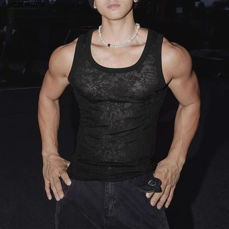 INCERUN Herren Tanktops Spitze Mesh Durchsichtig O-Ausschnitt Ärmellos Männer-Westen Streetwear Sexy Sommer 2026 Mode Dünne Herrenbekleidung