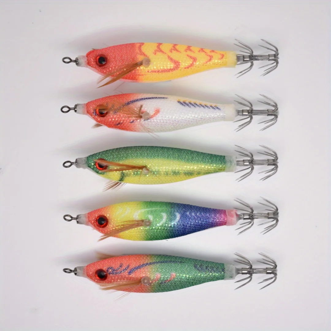5 Stück Leuchtende Tintenfisch-Jigs Angelköder Künstliche Oktopus-Köder Holz-Garnelen Tintenfisch-Hartköder Meeresköder Angelzubehör – Detail 2