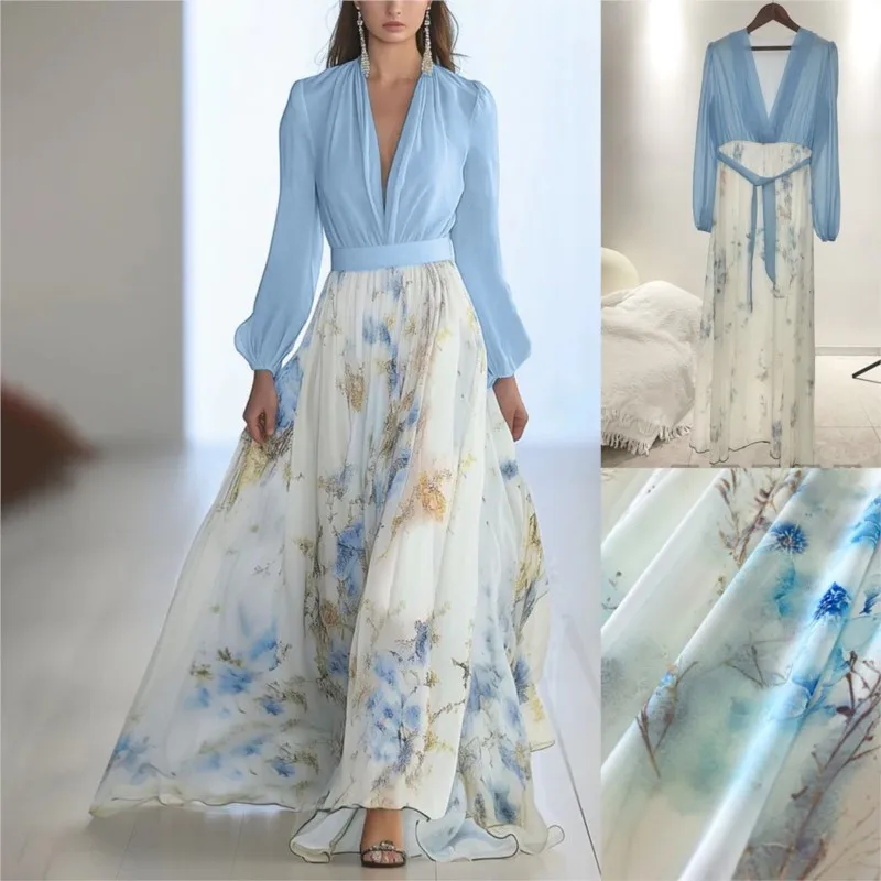 

Elegant Floral Print Patchwork Chiffon Dress Boho Sexy V Neck Hollow Long Dresses For Women 2025 Summer Puff Loose Maxi Dress