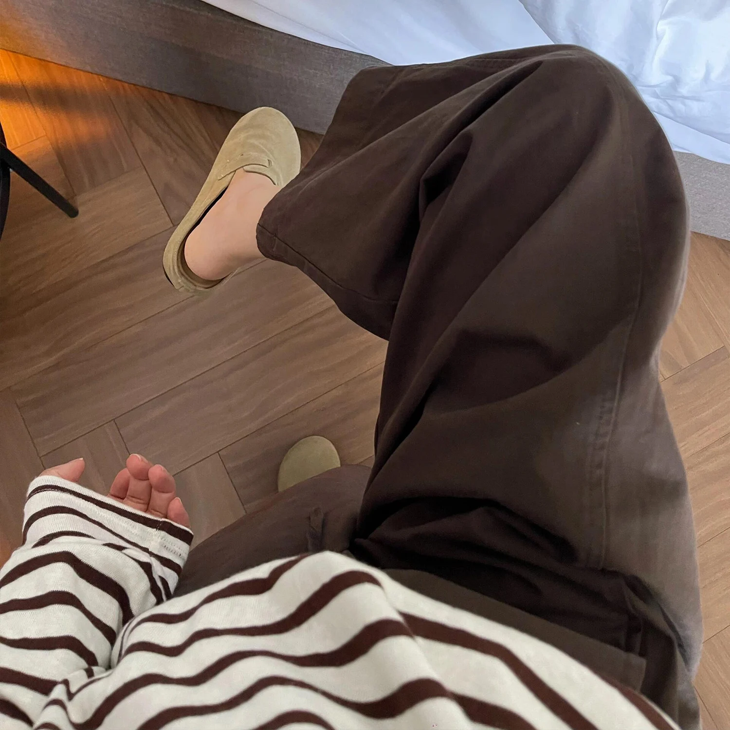 Diepbruine string elastische taille vintage wijde pijpen broek dames casual losse afslankende ballonbroek hoge taille katoen